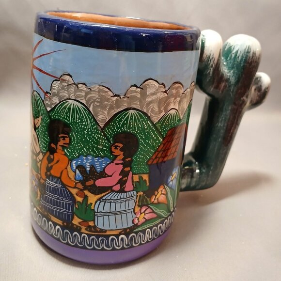 Handpainted South American Cactus Handle Heavyweight Coffee Mug Stein Preowned - Picture 4 of 11